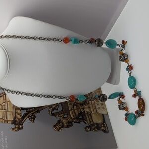 Chico's Turquoise acrylic bead, glass bead, silvertone filagree Beaded Necklace